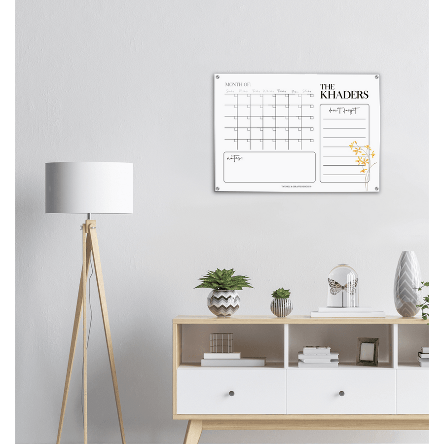 Personalized Family Calendar, Delicate Yellow Flower Monthly Calendar, Acrylic Print Family Calendar Planner - Twinkle and Giraffe Designs