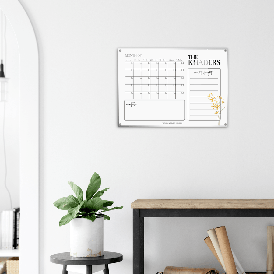 Personalized Family Calendar, Delicate Yellow Flower Monthly Calendar, Acrylic Print Family Calendar Planner - Twinkle and Giraffe Designs