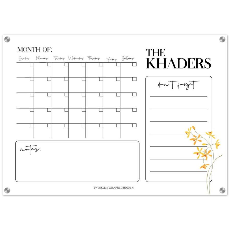Personalized Family Calendar, Delicate Yellow Flower Monthly Calendar, Acrylic Print Family Calendar Planner - Twinkle and Giraffe Designs