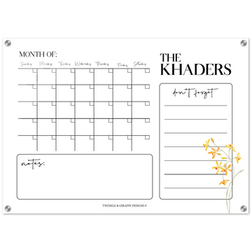 Personalized Family Calendar, Delicate Yellow Flower Monthly Calendar, Acrylic Print Family Calendar Planner - Twinkle and Giraffe Designs