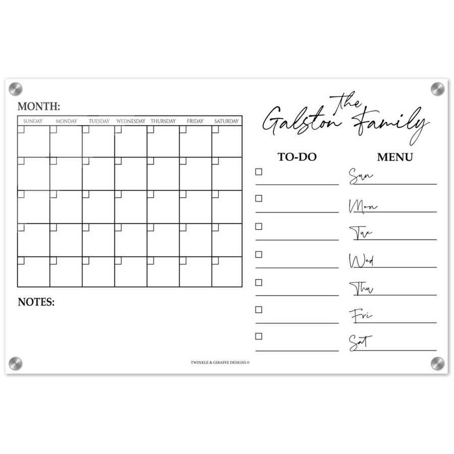 Personalized Family Calendar, Dry Erase Monthly Calendar, Monthly and Weekly Wall Calendar, Personalized Note Board, Acrylic Print - Twinkle and Giraffe Designs