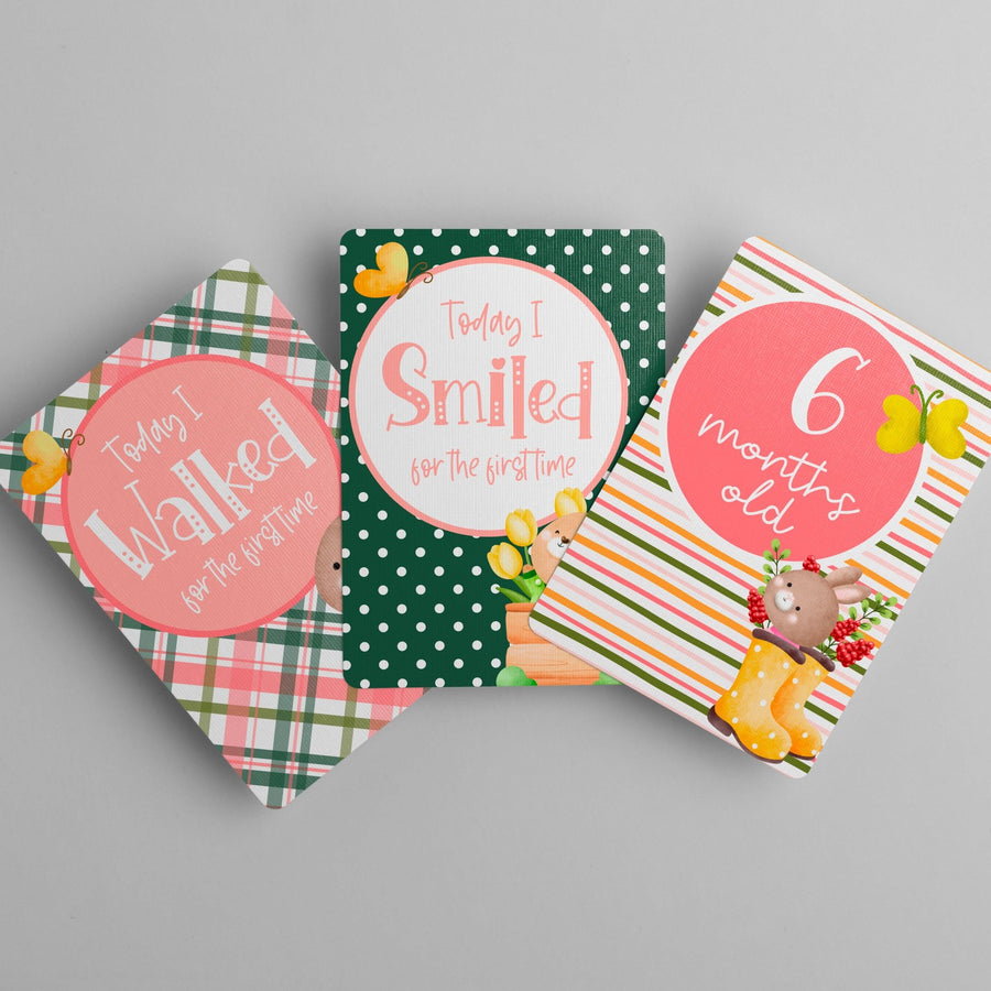 Spring Bunny Flowers Baby Milestone Cards - Set of 25 - Twinkle and Giraffe Designs